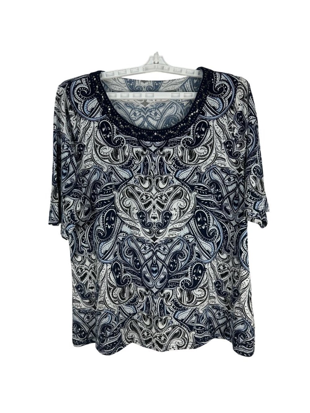 Rockmans Womens L Paisley Top Multi-Colored Embellished Scoop Neck Short Sleeves